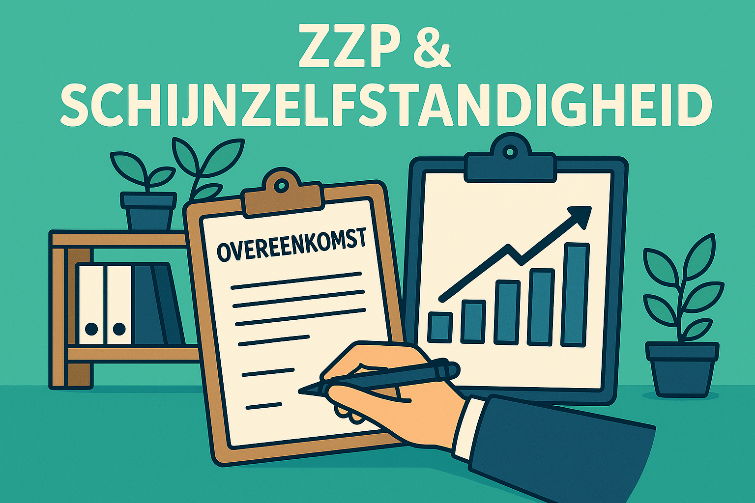 Illustratie van een overeenkomst en grafiek over schijnzelfstandigheid bij zzp'ers